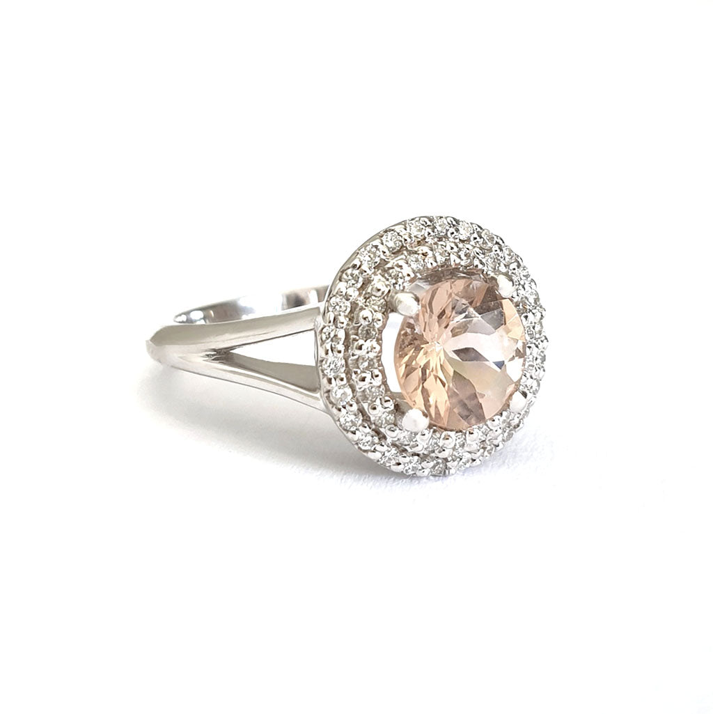 Breathtaking Double Diamond Halo Round Cut Morganite Ring