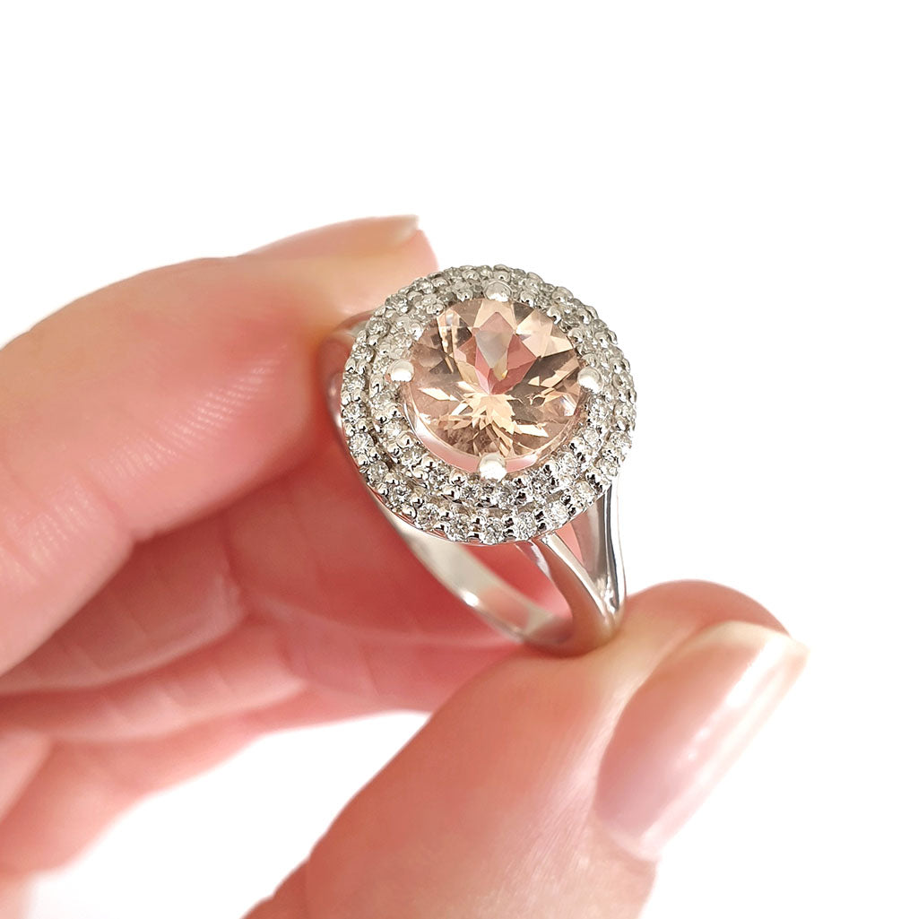 Breathtaking Double Diamond Halo Round Cut Morganite Ring