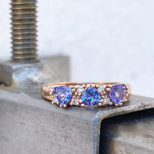 Breathtaking Three Trilliant Cut Tanzanite and Diamond Rose Gold Ring