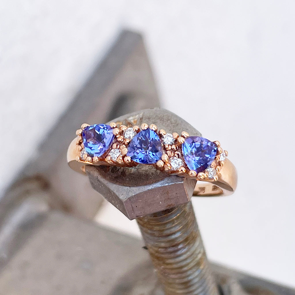 Breathtaking Three Trilliant Cut Tanzanite and Diamond Rose Gold Ring