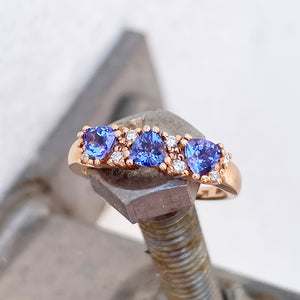 Breathtaking Three Trilliant Cut Tanzanite and Diamond Rose Gold Ring