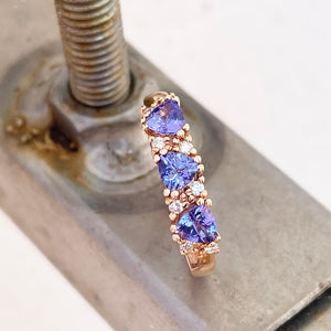 Breathtaking Three Trilliant Cut Tanzanite and Diamond Rose Gold Ring