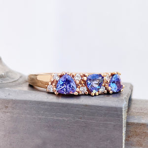 Breathtaking Three Trilliant Cut Tanzanite and Diamond Rose Gold Ring