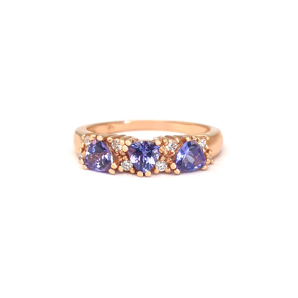 Breathtaking Three Trilliant Cut Tanzanite and Diamond Rose Gold Ring