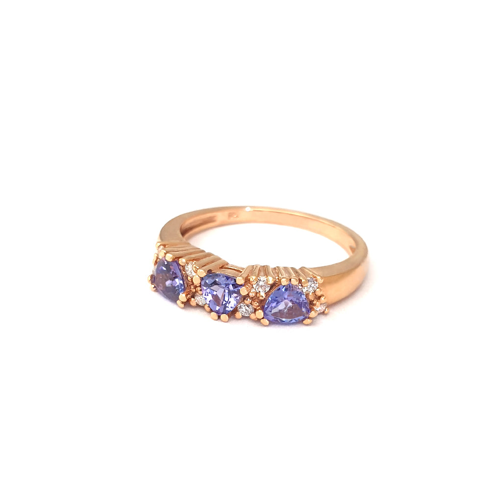 Breathtaking Three Trilliant Cut Tanzanite and Diamond Rose Gold Ring