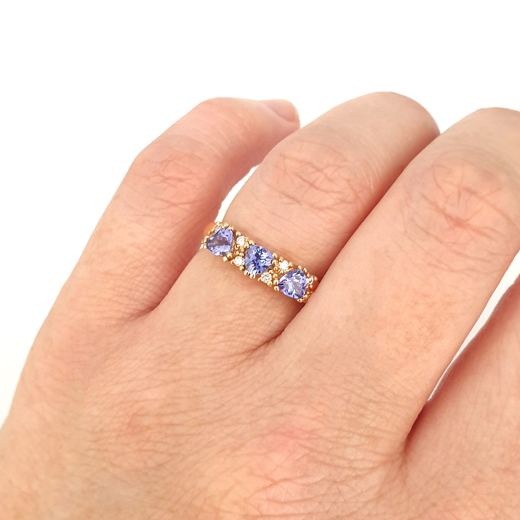 Breathtaking Three Trilliant Cut Tanzanite and Diamond Rose Gold Ring