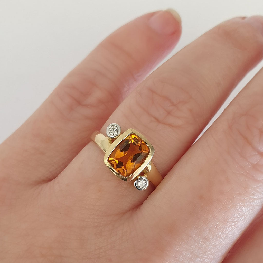 Cushion Cut Citrine with Tube Set Diamond Accents Ring