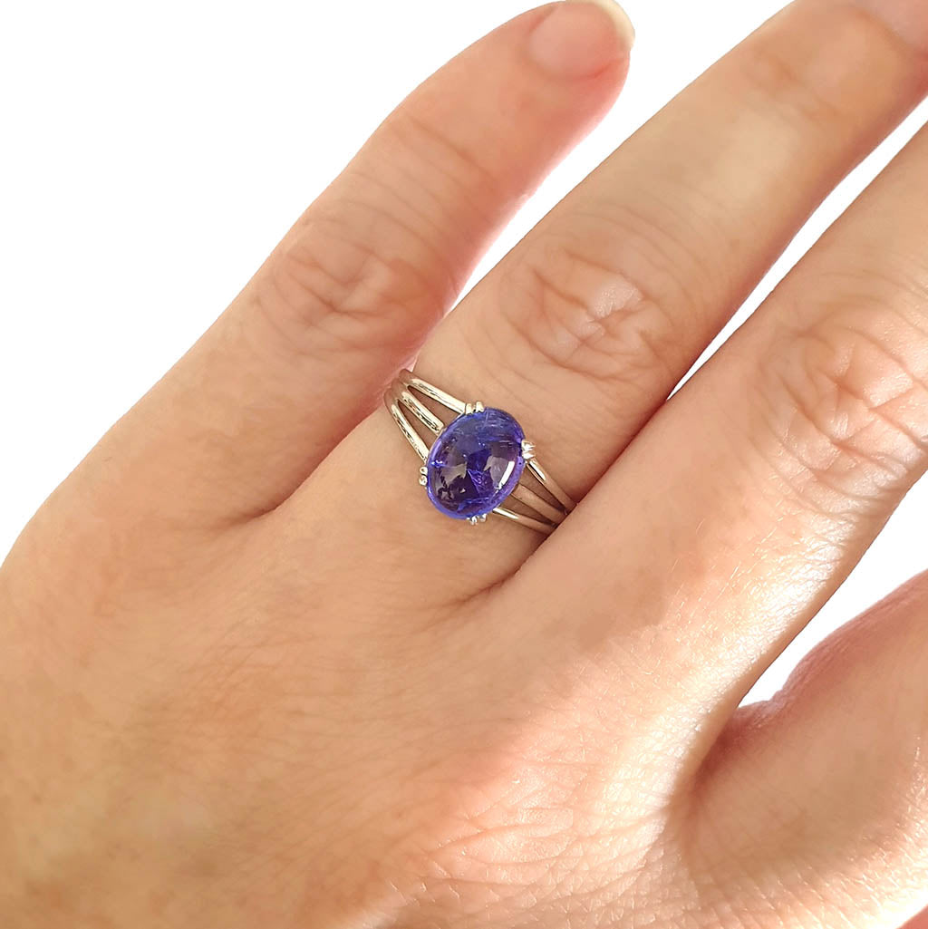 Cabochon Oval Cut Tanzanite Three Band Shoulder Ring