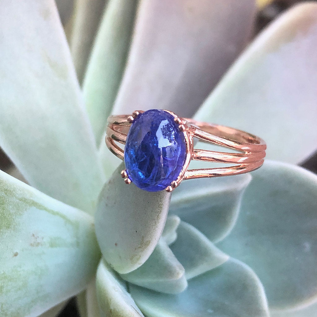 Cabochon Oval Cut Tanzanite Three Band Shoulder Rose Gold Ring