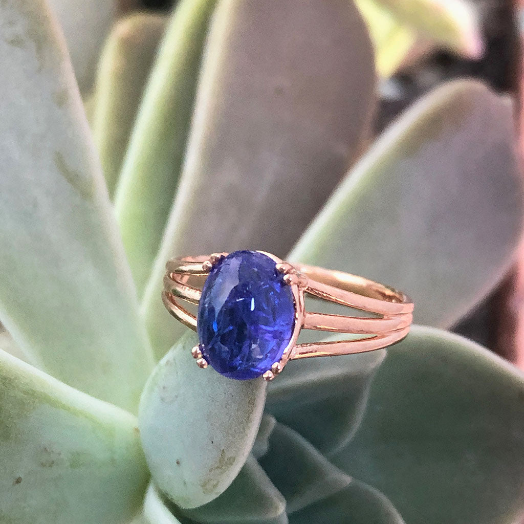 Cabochon Oval Cut Tanzanite Three Band Shoulder Rose Gold Ring