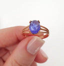 Cabochon Oval Cut Tanzanite Three Band Shoulder Rose Gold Ring