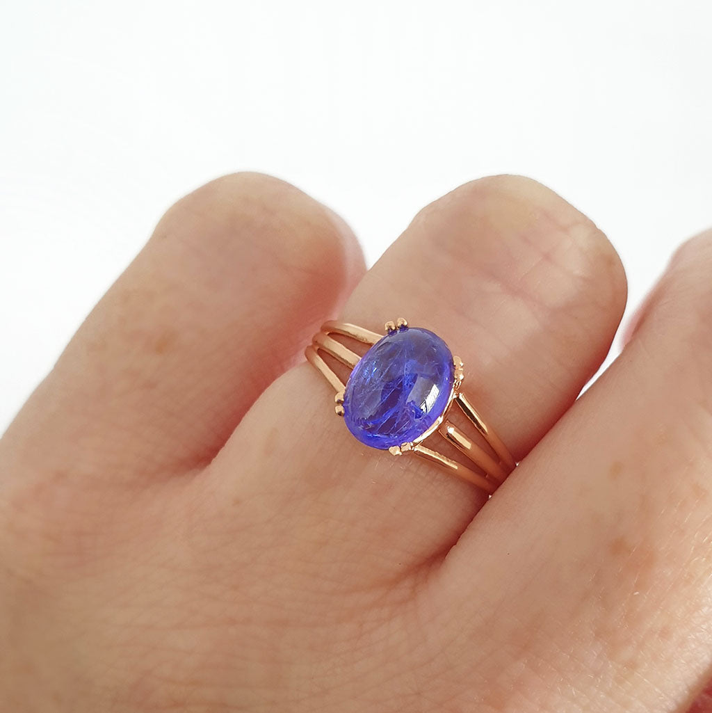 Cabochon Oval Cut Tanzanite Three Band Shoulder Rose Gold Ring