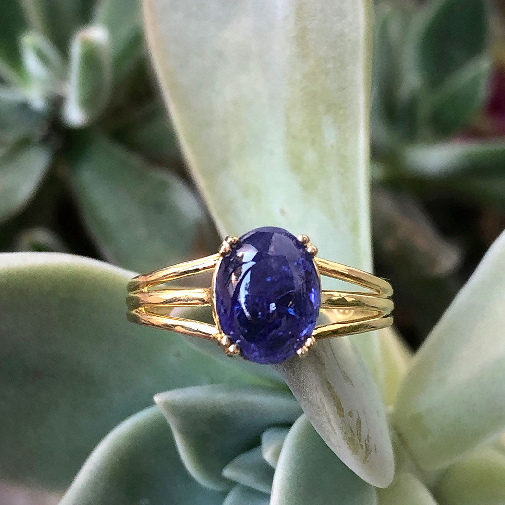 Cabochon Oval Cut Tanzanite Three Band Shoulder Yellow Gold Ring