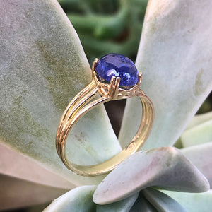 Cabochon Oval Cut Tanzanite Three Band Shoulder Yellow Gold Ring