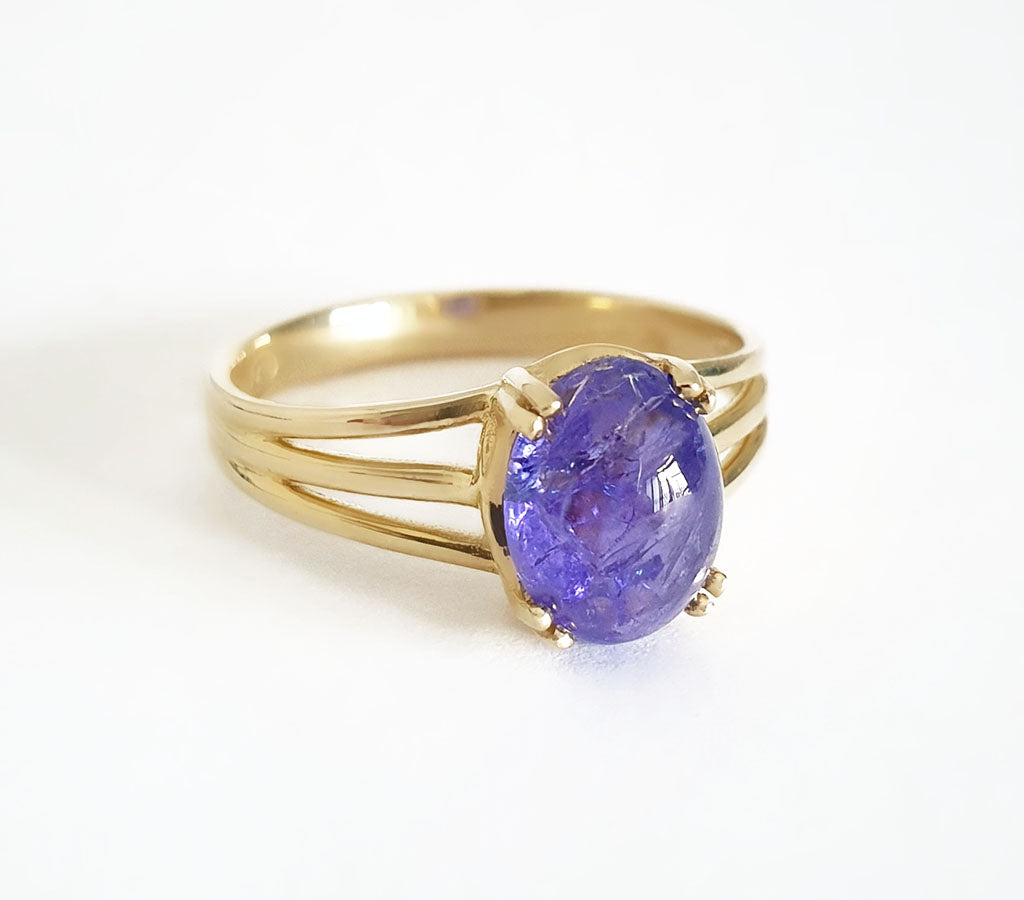 Cabochon Oval Cut Tanzanite Three Band Shoulder Yellow Gold Ring