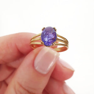 Cabochon Oval Cut Tanzanite Three Band Shoulder Yellow Gold Ring