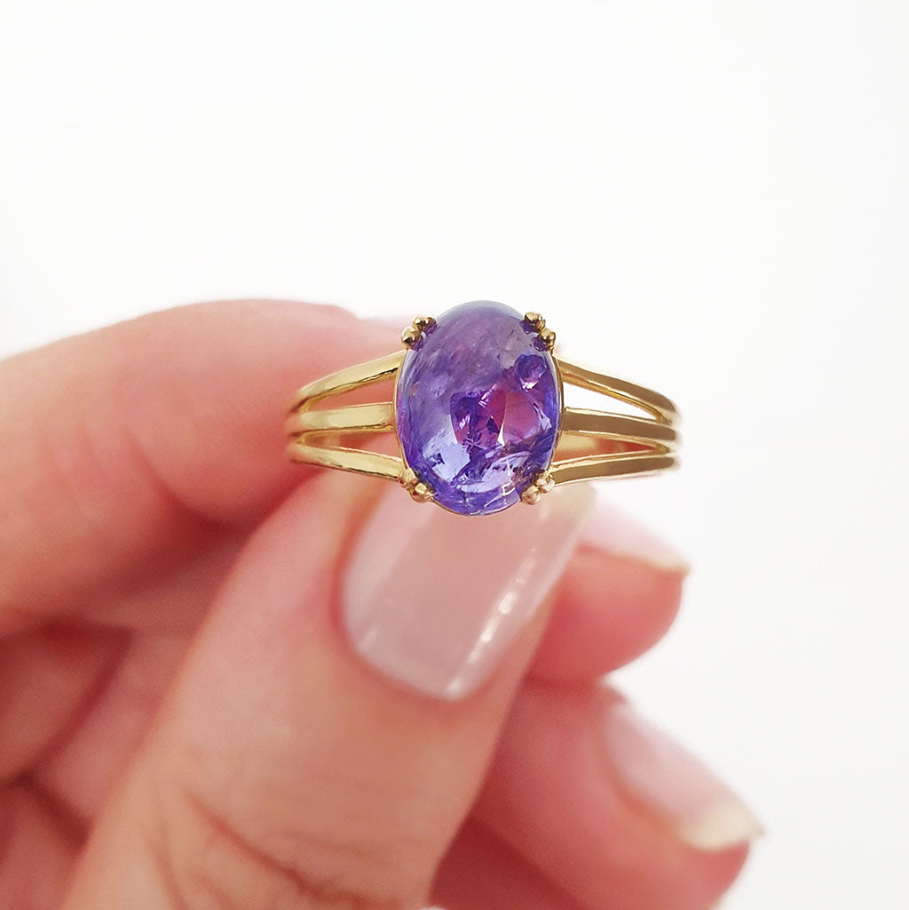 Cabochon Oval Cut Tanzanite Three Band Shoulder Yellow Gold Ring