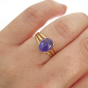 Cabochon Oval Cut Tanzanite Three Band Shoulder Yellow Gold Ring