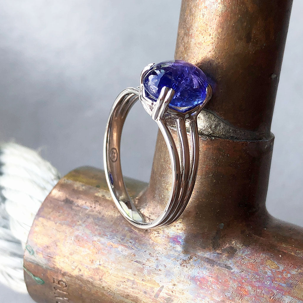 Cabuchon Oval Cut Tanzanite Three Band Shoulder Ring