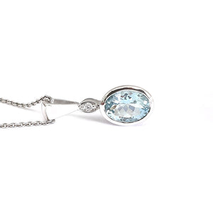  Charming Oval Bezel Set Aquamarine and Diamond Pendant