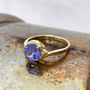 Chic Side Shoulder Rouched Tanzanite and Diamond Yellow Gold Ring