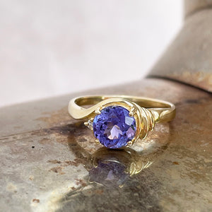 Chic Side Shoulder Rouched Tanzanite and Diamond Yellow Gold Ring