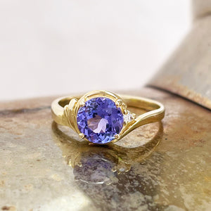 Chic Side Shoulder Rouched Tanzanite and Diamond Yellow Gold Ring