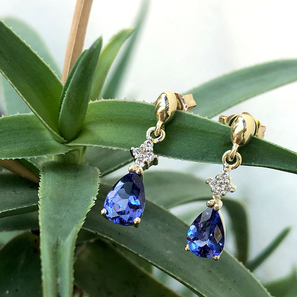 Chic Tanzanite and Diamond Drop Yellow Gold Earrings