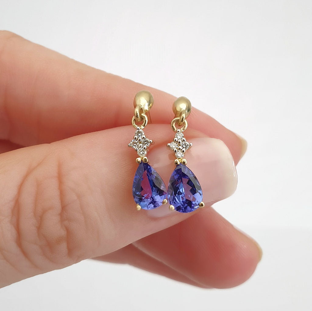 Chic Tanzanite and Diamond Drop Yellow Gold Earrings