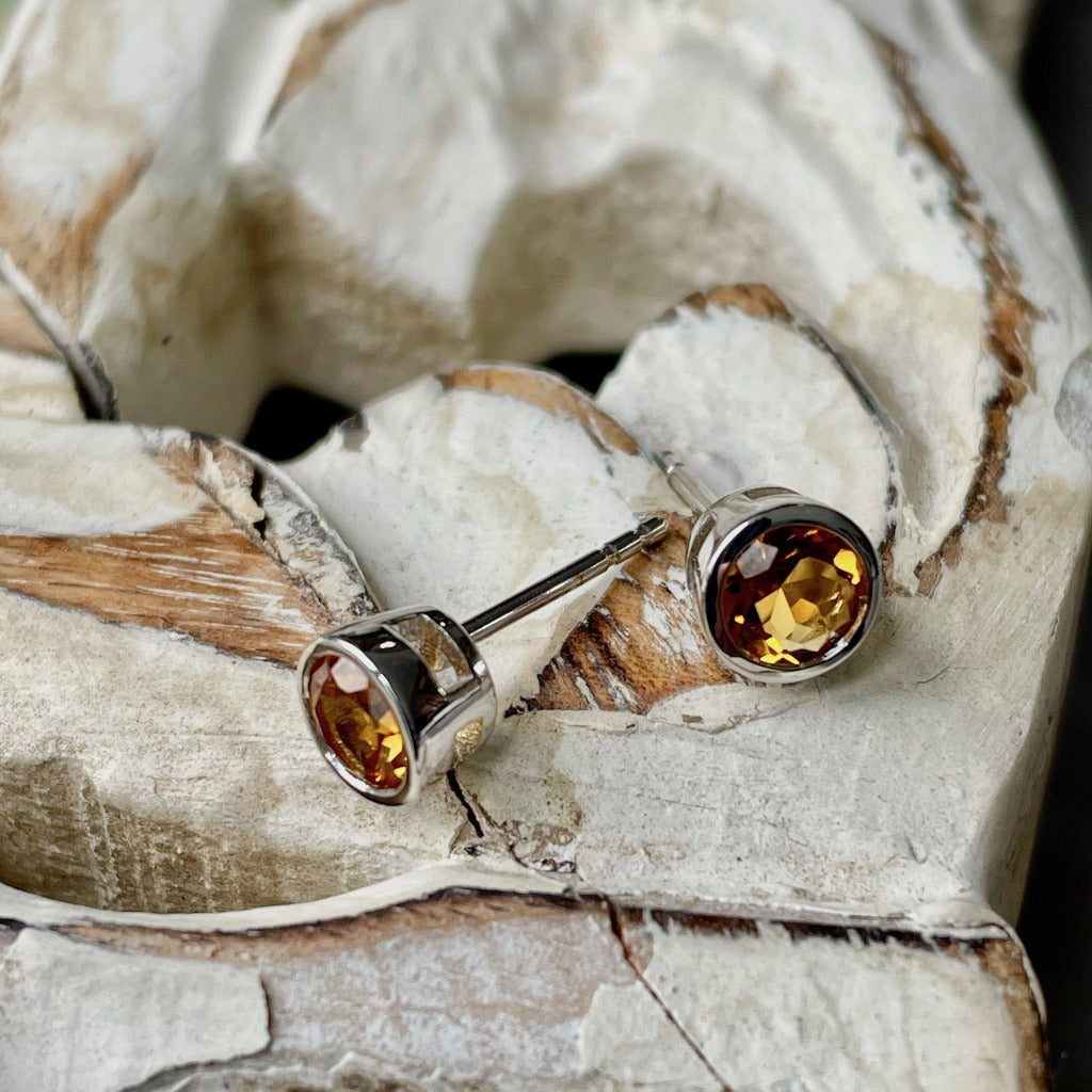 Citrine Bezel Set White Gold Studs