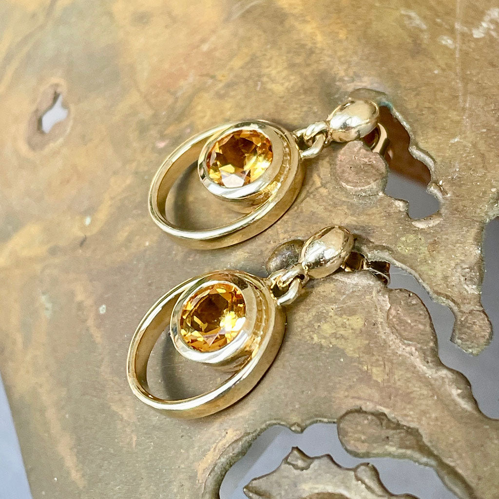 Citrine Double Hoop Round Cut Yellow Gold Drop Earrings