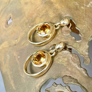 Citrine Double Hoop Round Cut Yellow Gold Drop Earrings