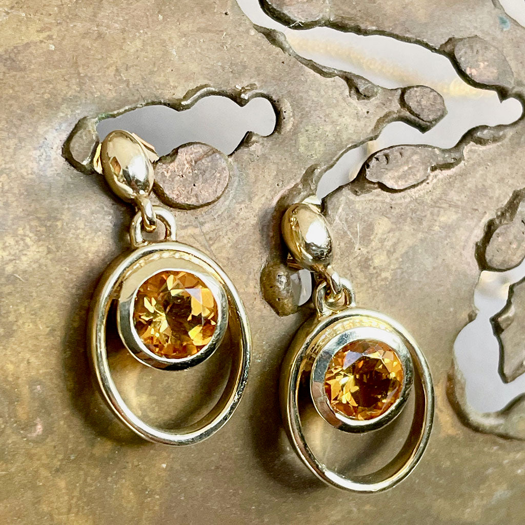 Citrine Double Hoop Round Cut Yellow Gold Drop Earrings