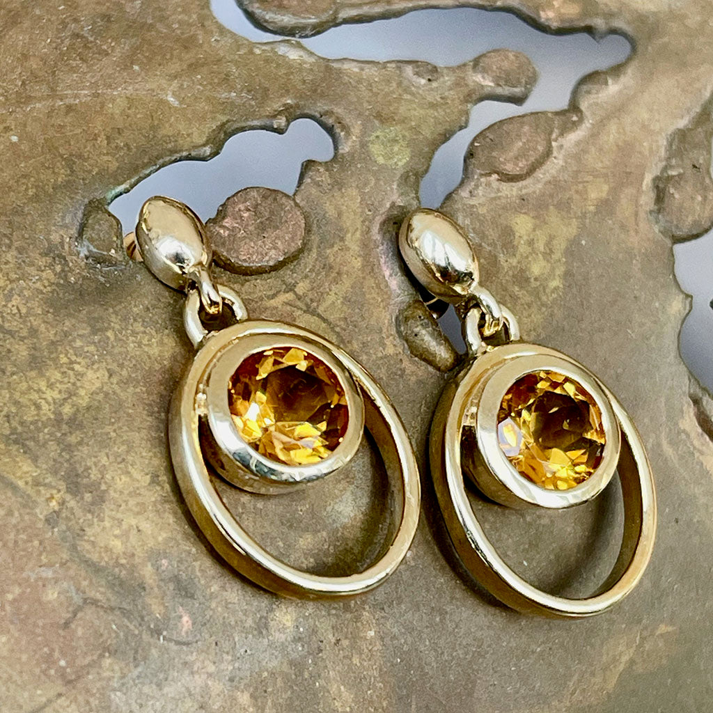 Citrine Double Hoop Round Cut Yellow Gold Drop Earrings