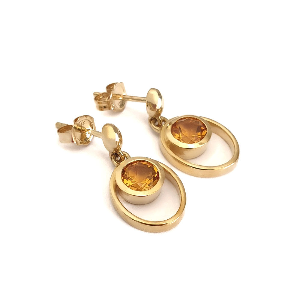 Citrine Double Hoop Round Cut Yellow Gold Drop Earrings