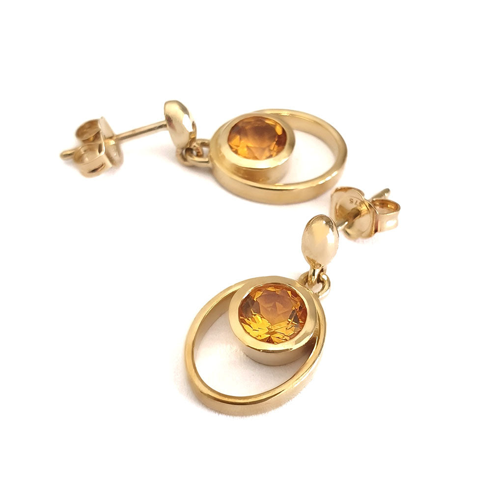 Citrine Double Hoop Round Cut Yellow Gold Drop Earrings