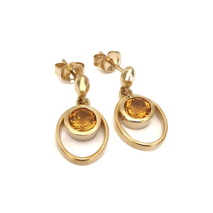 Citrine Double Hoop Round Cut Yellow Gold Drop Earrings