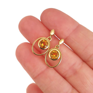 Citrine Double Hoop Round Cut Yellow Gold Drop Earrings