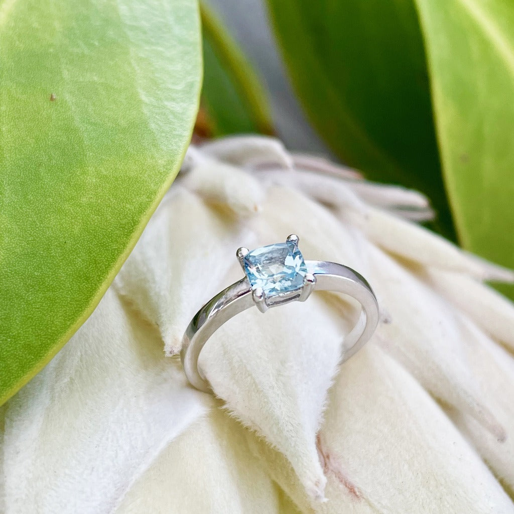 Classic Cushion Cut Solitaire Aquamarine Four Claw Ring