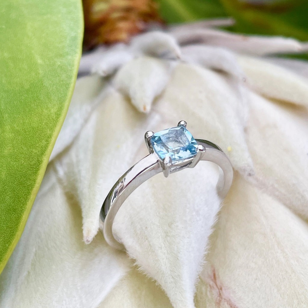 Classic Cushion Cut Solitaire Aquamarine Four Claw Ring