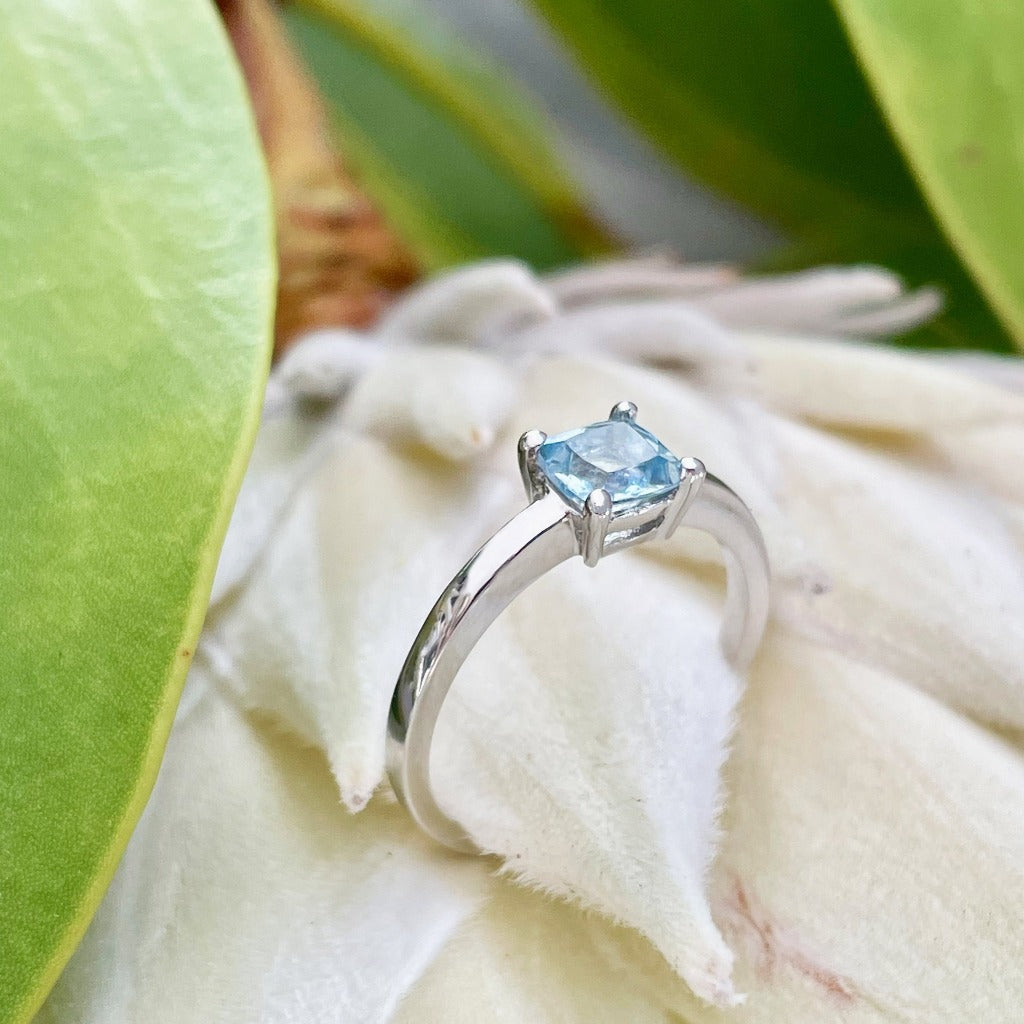 Classic Cushion Cut Solitaire Aquamarine Four Claw Ring