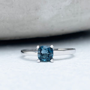 Classic Cushion Cut Solitaire London Blue Topaz Four Claw Ring