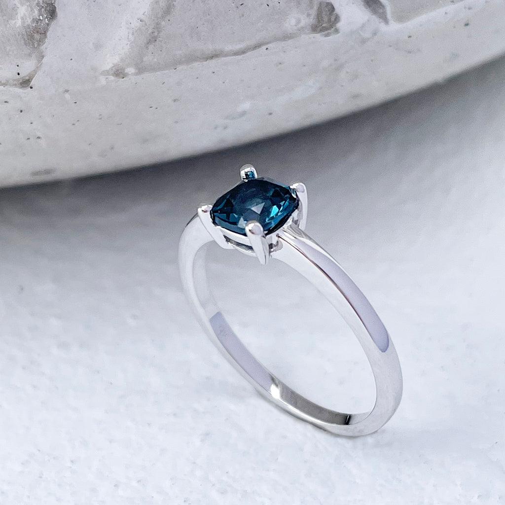 Classic Cushion Cut Solitaire London Blue Topaz Four Claw Ring