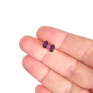 Classic Four Claw Yellow Gold Oval Amethyst Studs