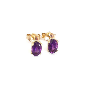 Classic Four Claw Yellow Gold Oval Amethyst Studs