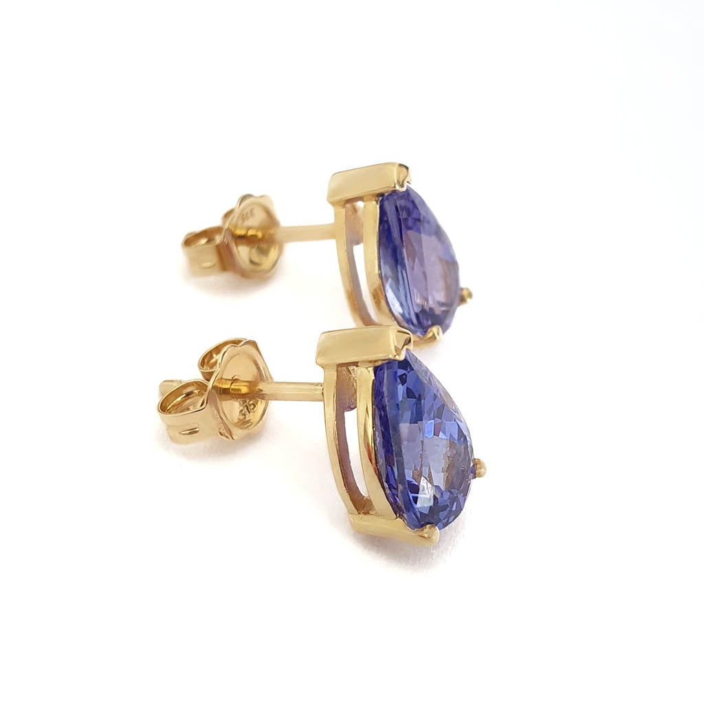 Classic Solitaire Pear Cut Tanzanite Yellow Gold Studs