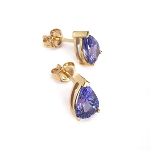 Classic Solitaire Pear Cut Tanzanite Yellow Gold Studs