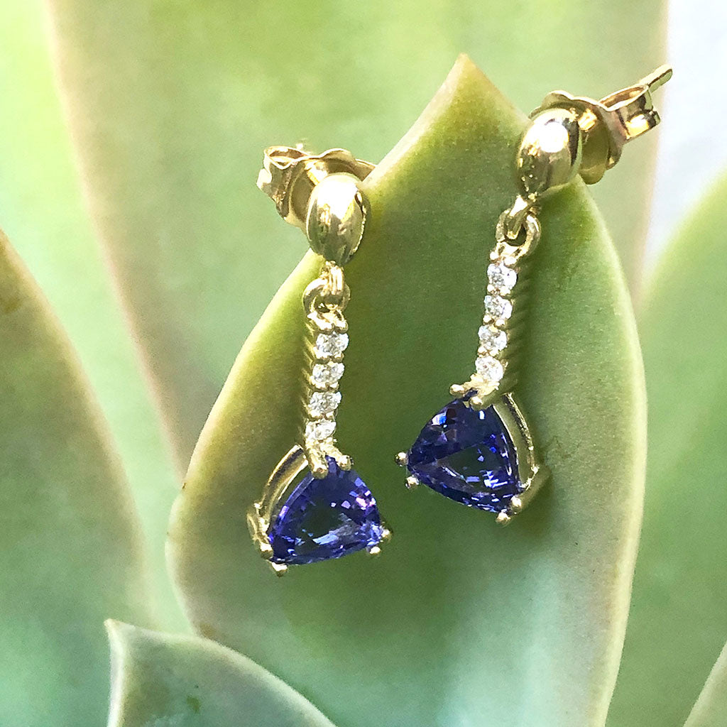 Classic Trilliant Cut Tanzanite and Diamond Drop Earrings