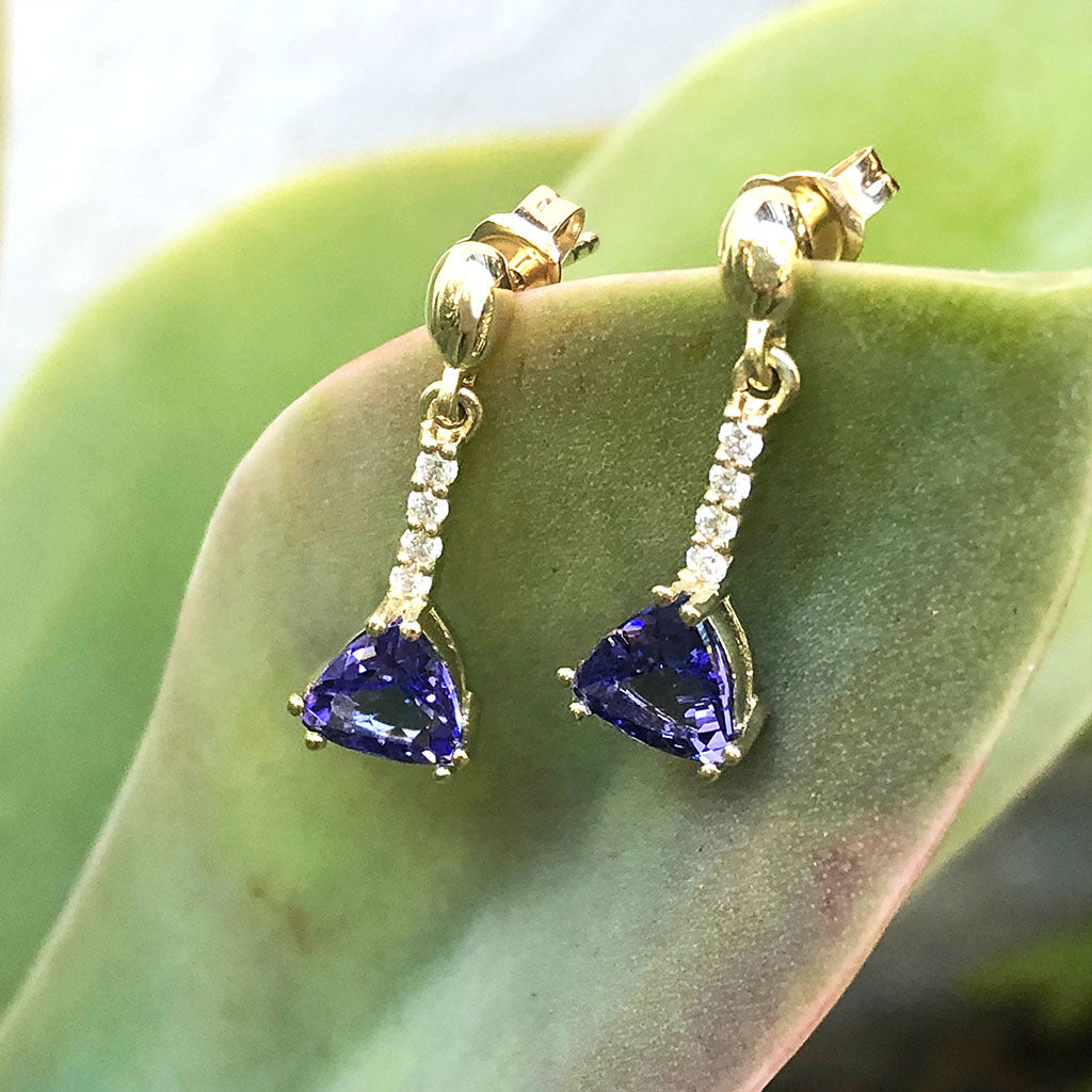 Classic Trilliant Cut Tanzanite and Diamond Drop Earrings