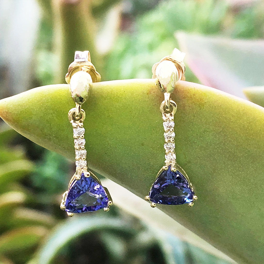 Classic Trilliant Cut Tanzanite and Diamond Drop Earrings